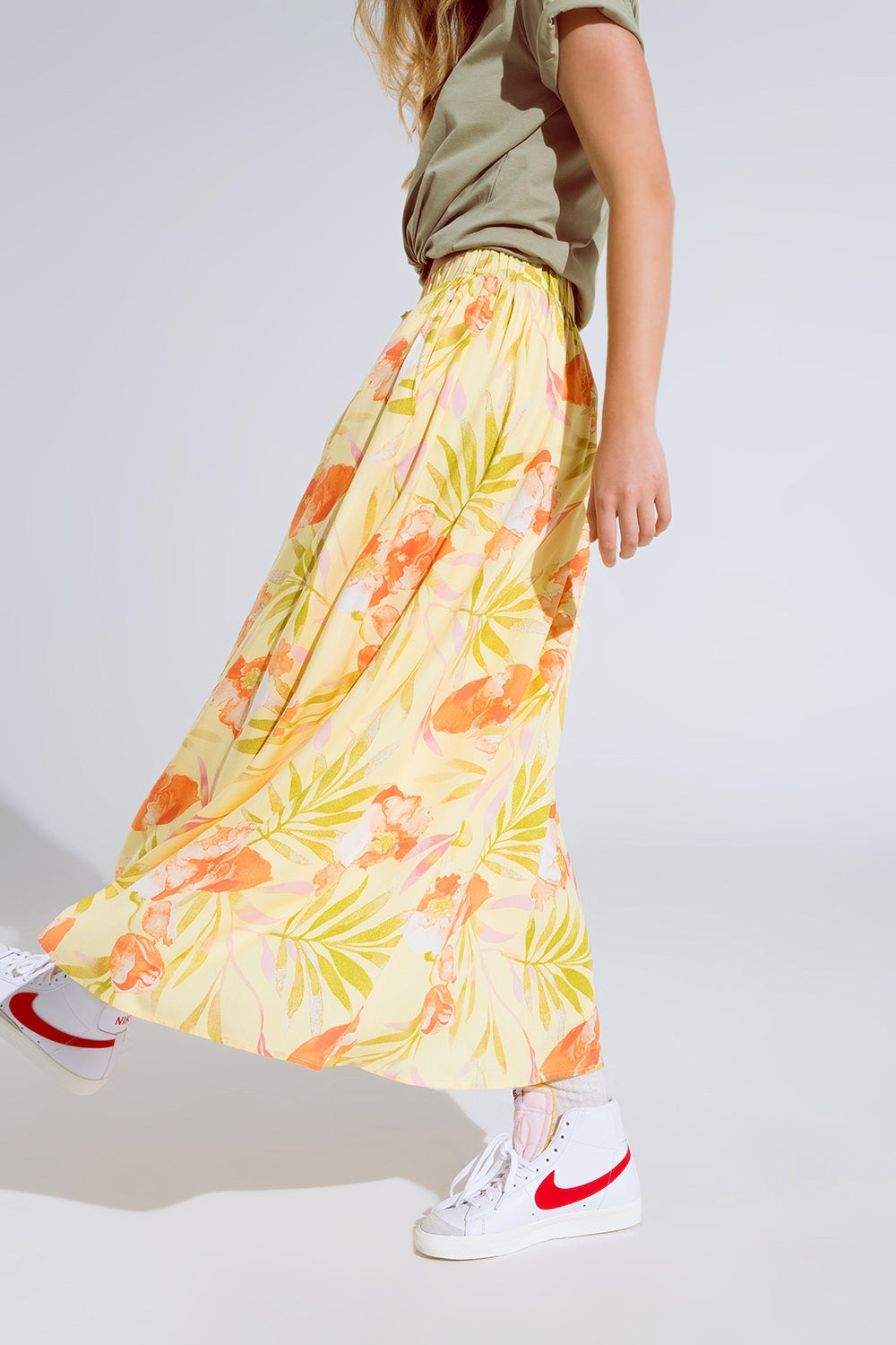 yellow maxi skirt with tropical print