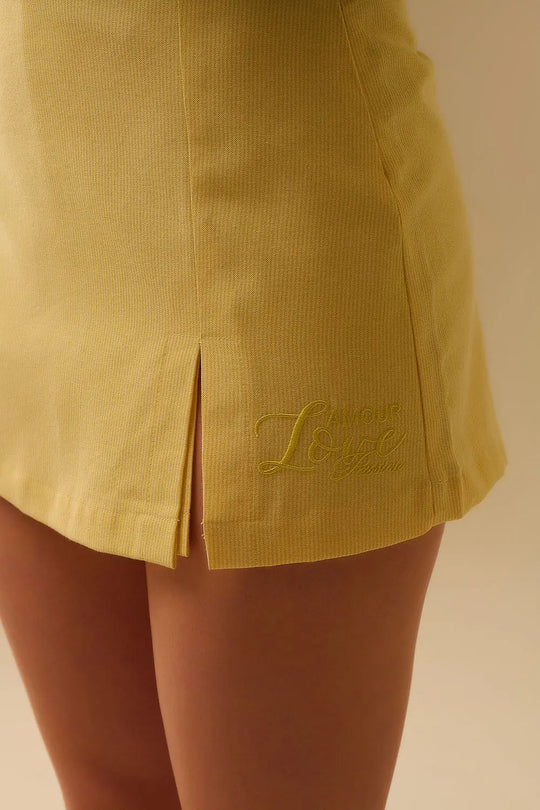 Yellow Mini Skort with Side Slit and Embroidered Love Amour Passion logo - Pants