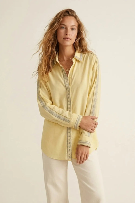 Q2 Yellow Oversize Shirt with Embroidered Trim Details
