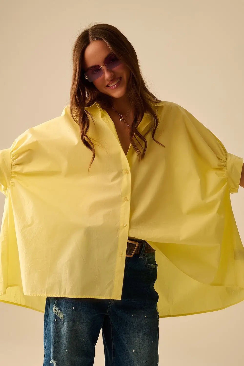 Yellow oversized blouse with short sleeve - Shirts