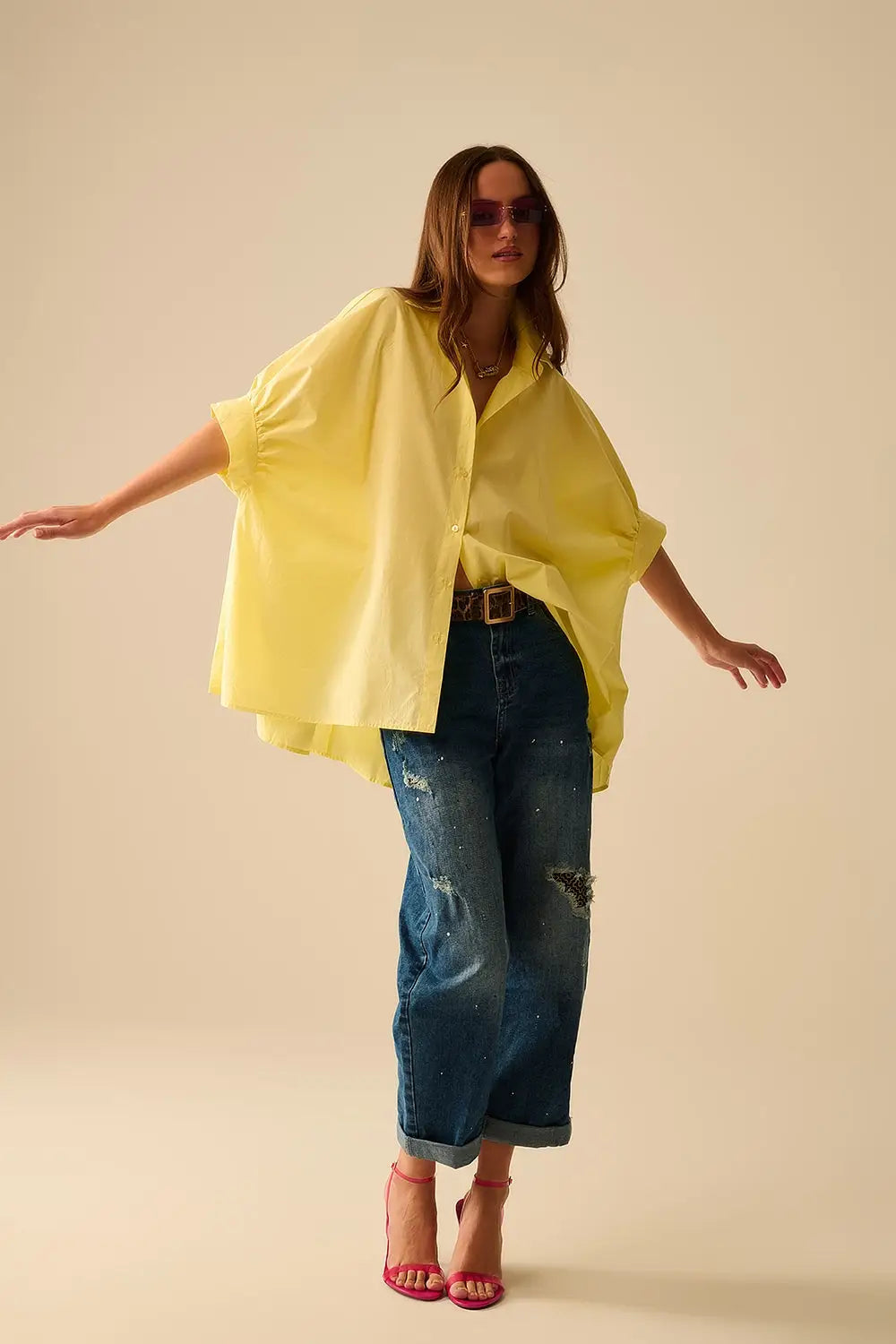 Yellow oversized blouse with short sleeve - Shirts