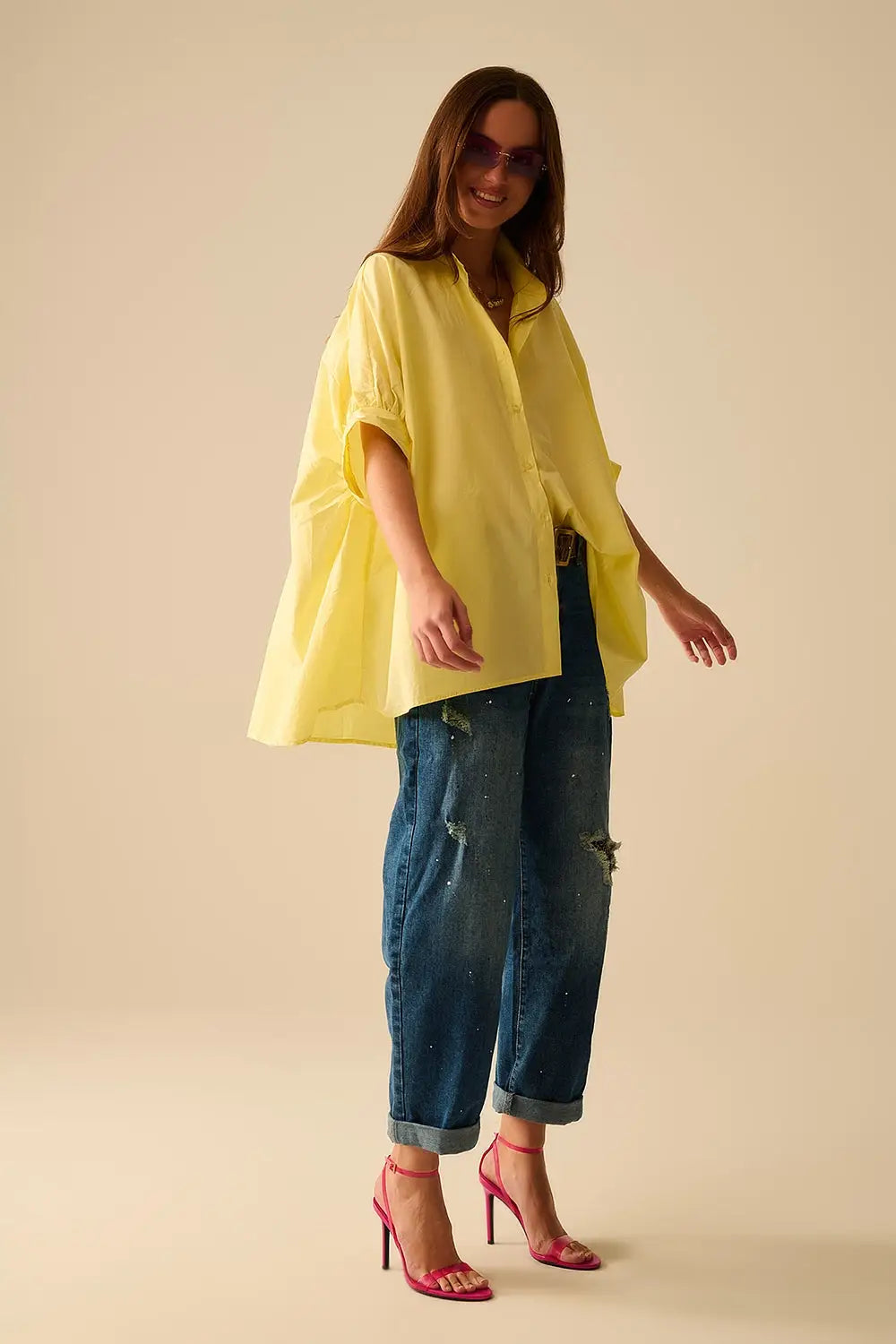 Yellow oversized blouse with short sleeve - Shirts