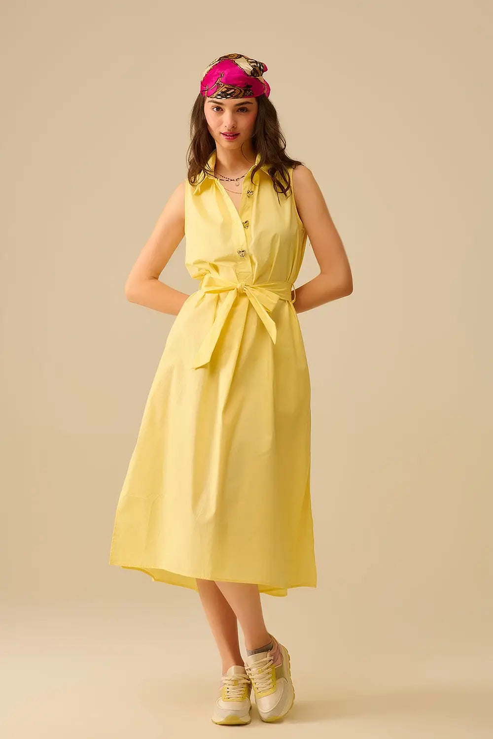 Q2 Yellow poplin midi dress with silver heart-shaped buttons