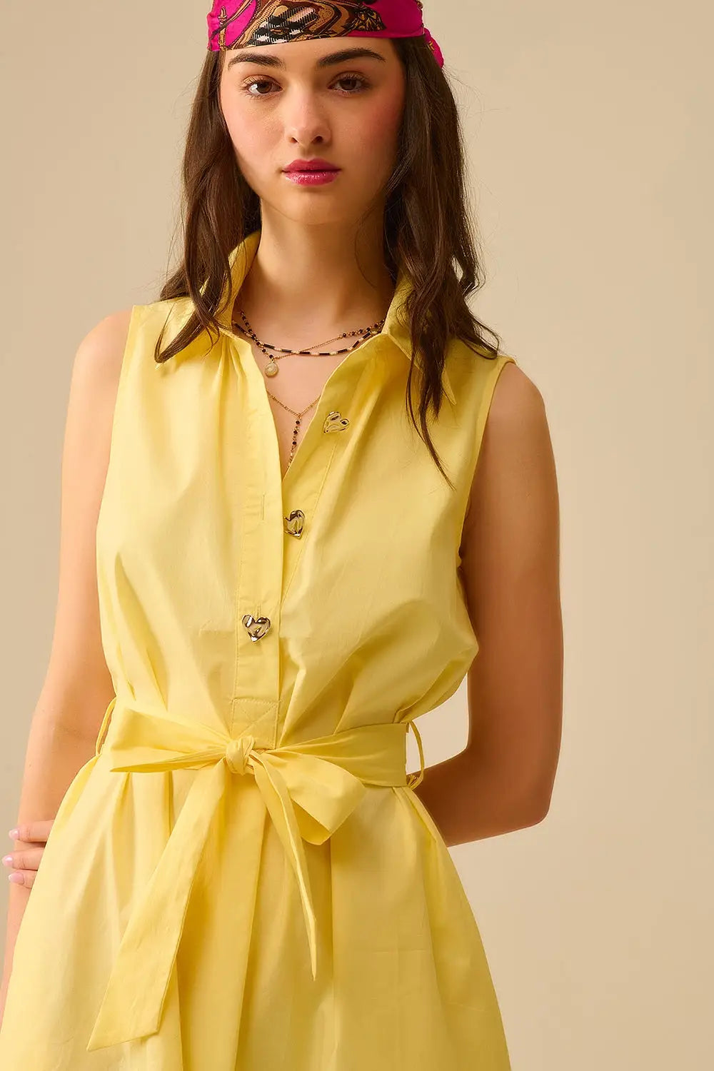 Yellow poplin midi dress with silver heart-shaped buttons - Dresses