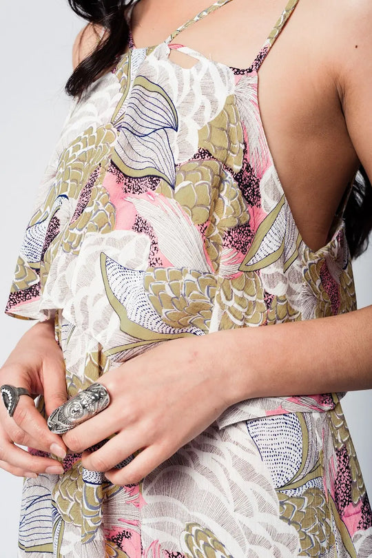 Yellow printed mini dress with double layer and crossed straps - Dresses