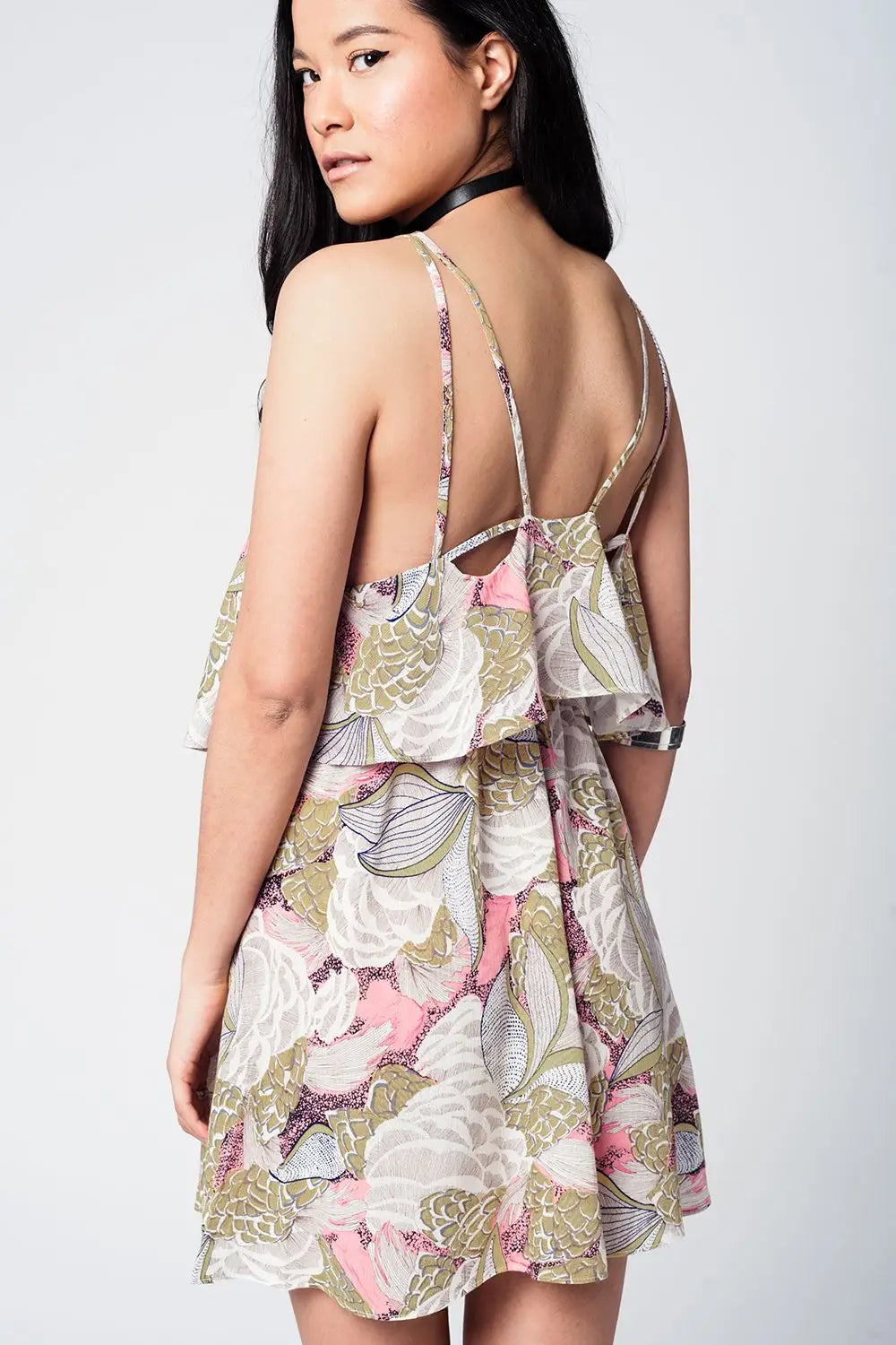 Yellow printed mini dress with double layer and crossed straps - Dresses