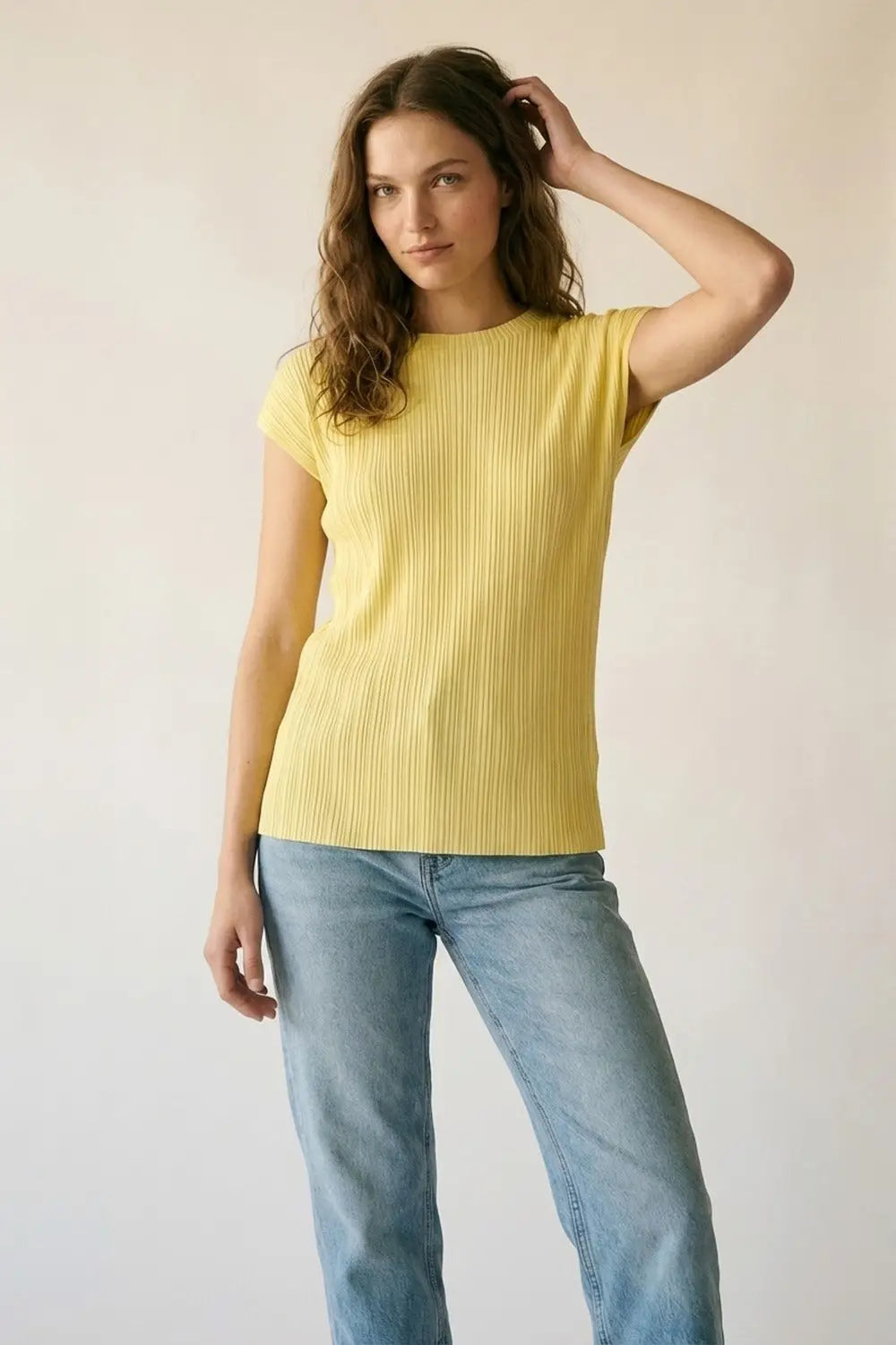 Yellow Ribbed Knit Relaxed Fit Short Sleeve Top - One Size / Yellow