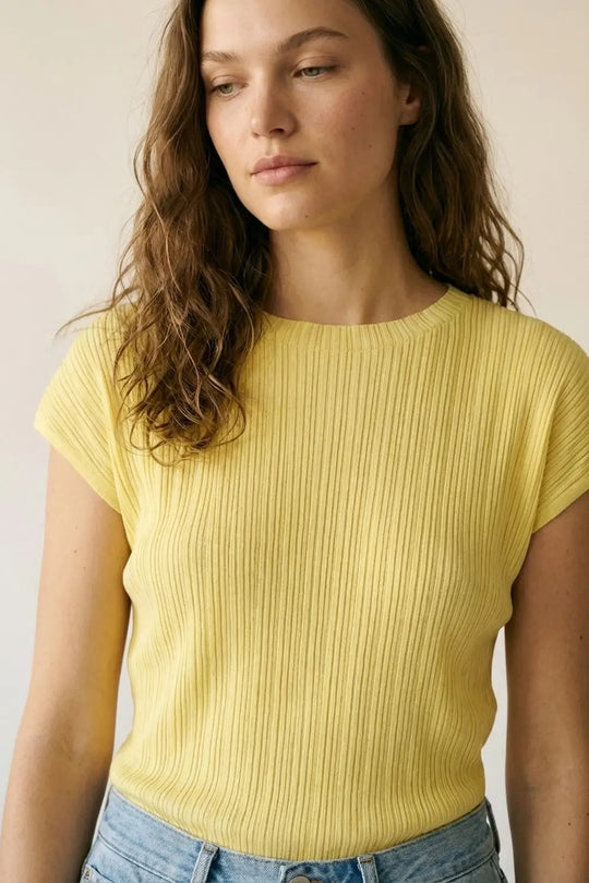 Yellow Ribbed Knit Relaxed Fit Short Sleeve Top - One Size / Yellow