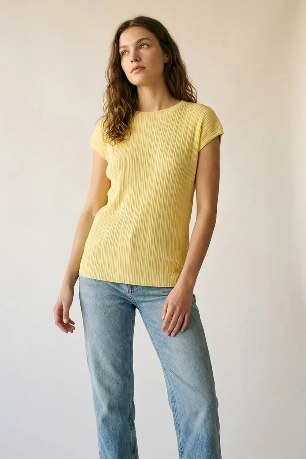 Yellow Ribbed Knit Relaxed Fit Short Sleeve Top - One Size / Yellow
