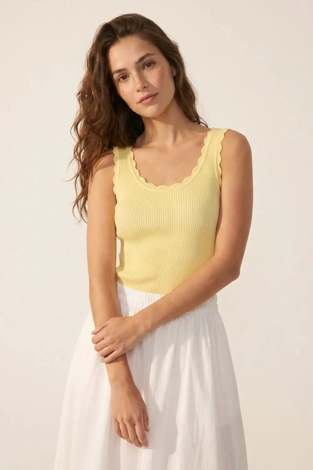 Yellow Ribbed Knit Tank Top with Scalloped Edges - One Size / Yellow