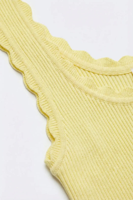 Yellow Ribbed Knit Tank Top with Scalloped Edges - One Size / Yellow