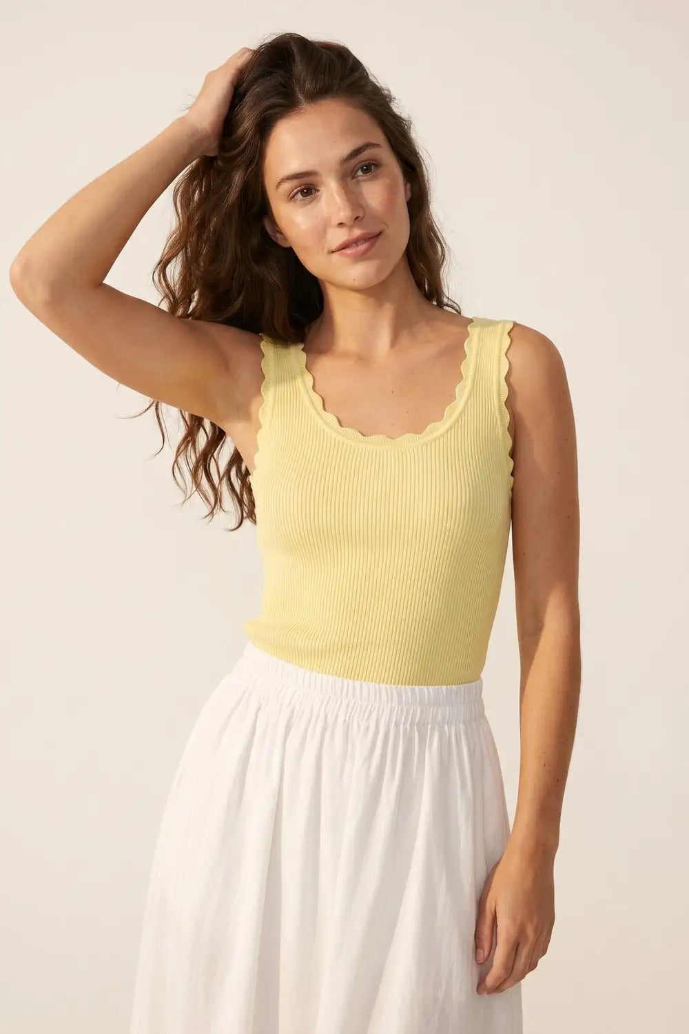 Yellow Ribbed Knit Tank Top with Scalloped Edges - One Size / Yellow