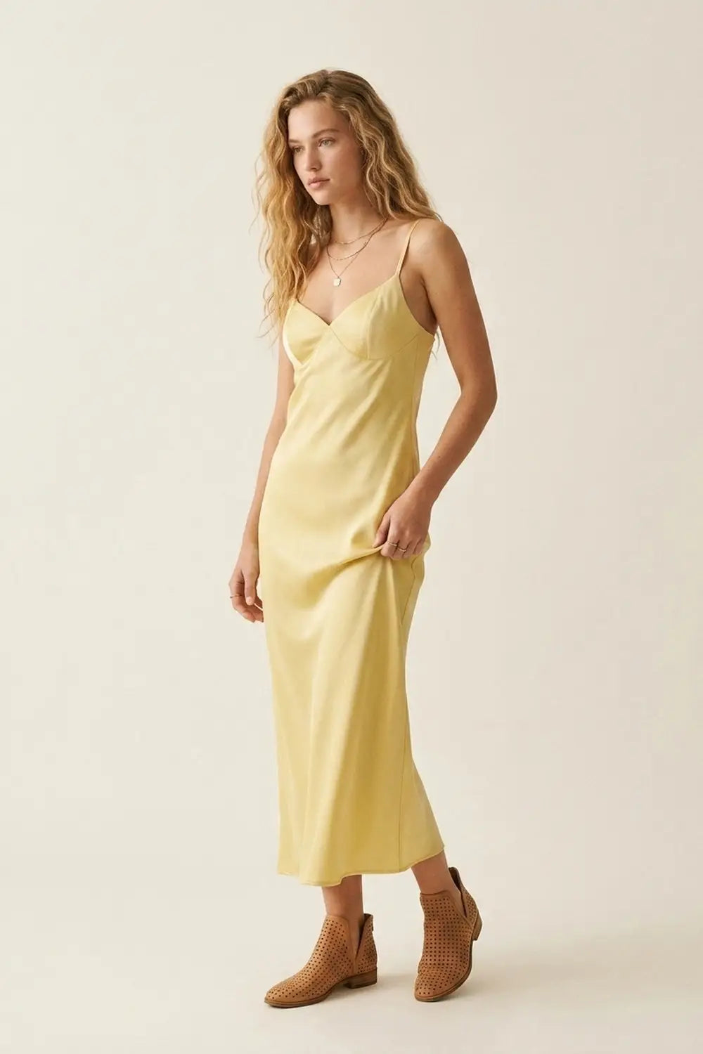 Yellow Satin Slip maxi Dress with Adjustable Straps Large / Yellow