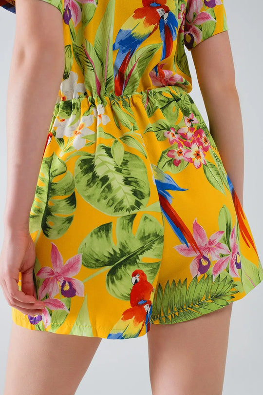 Yellow Short Jumpsuit with Tropical Print and Drawstring Closure - Dresses