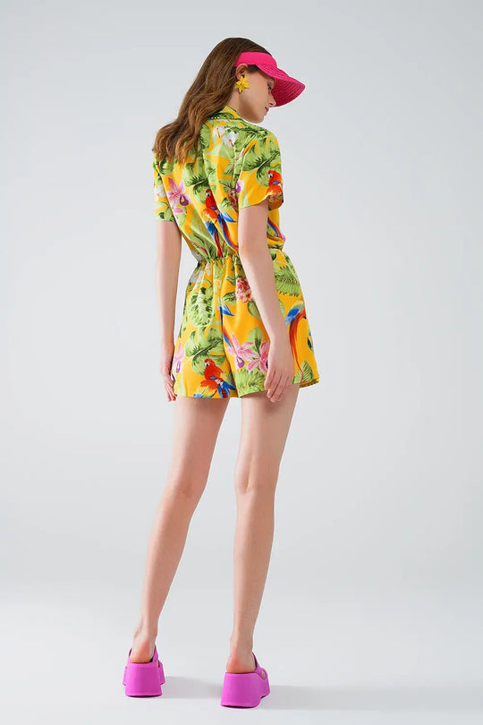 Yellow Short Jumpsuit with Tropical Print and Drawstring Closure - Dresses