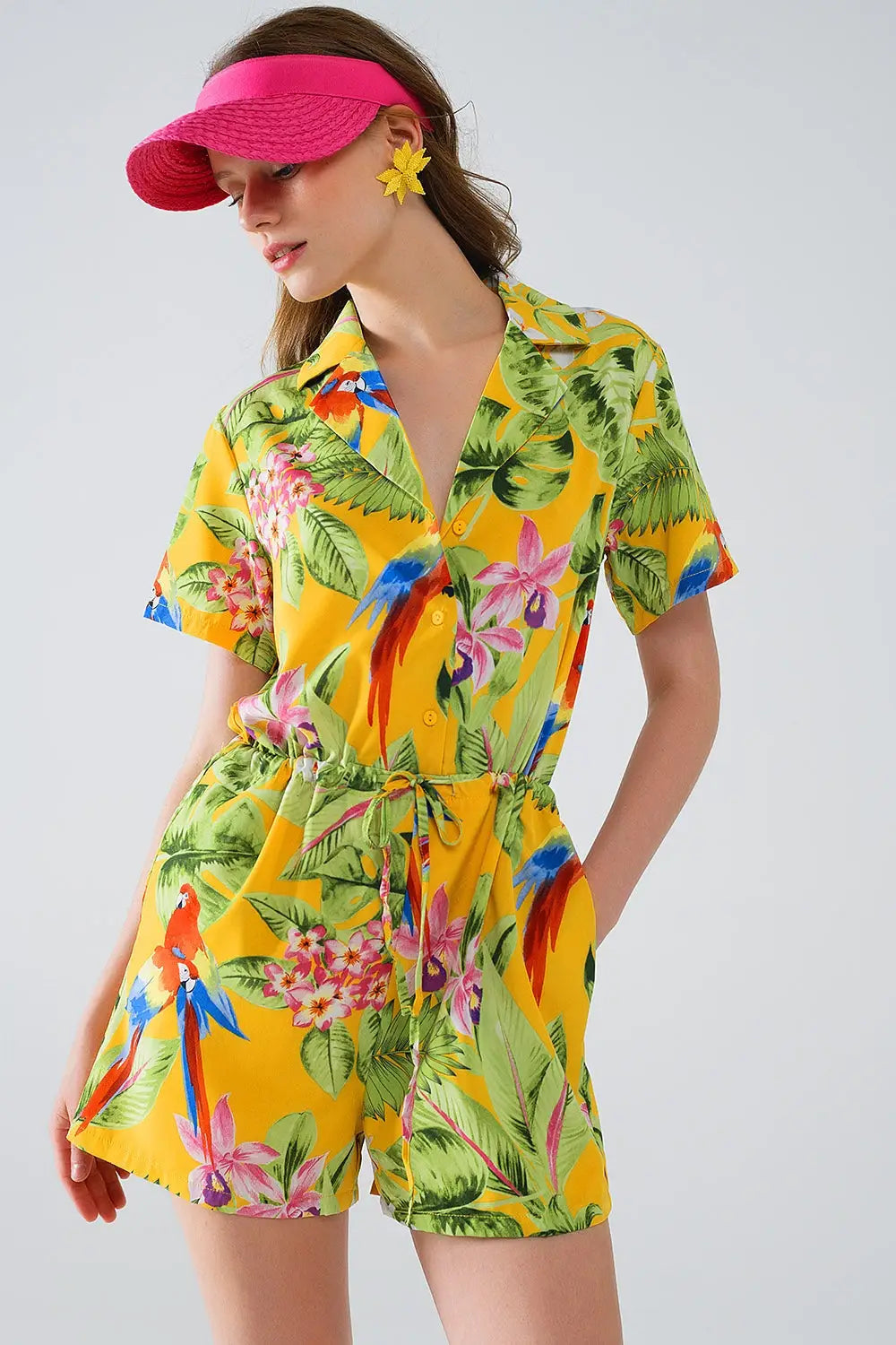 Yellow Short Jumpsuit with Tropical Print and Drawstring Closure - Dresses