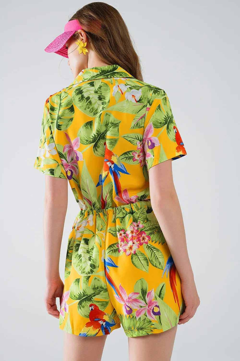 Yellow Short Jumpsuit with Tropical Print and Drawstring Closure - Dresses