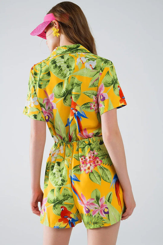 Yellow Short Jumpsuit with Tropical Print and Drawstring Closure - Dresses