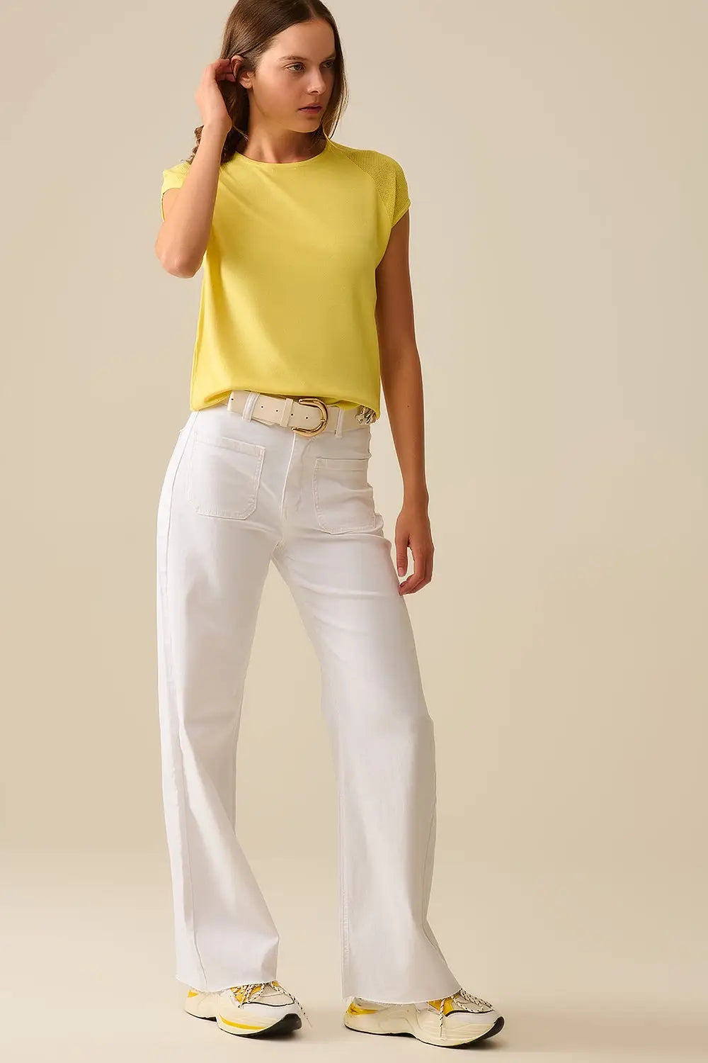 Yellow Short Sleeve Sweater with knitted mesh on the shoulder - One Size / Yellow - Sweaters