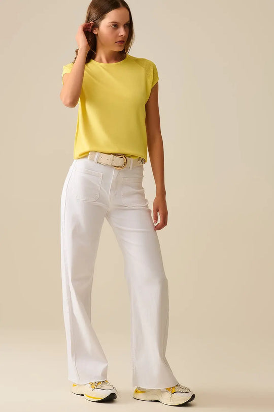 Yellow Short Sleeve Sweater with knitted mesh on the shoulder - One Size / Yellow - Sweaters