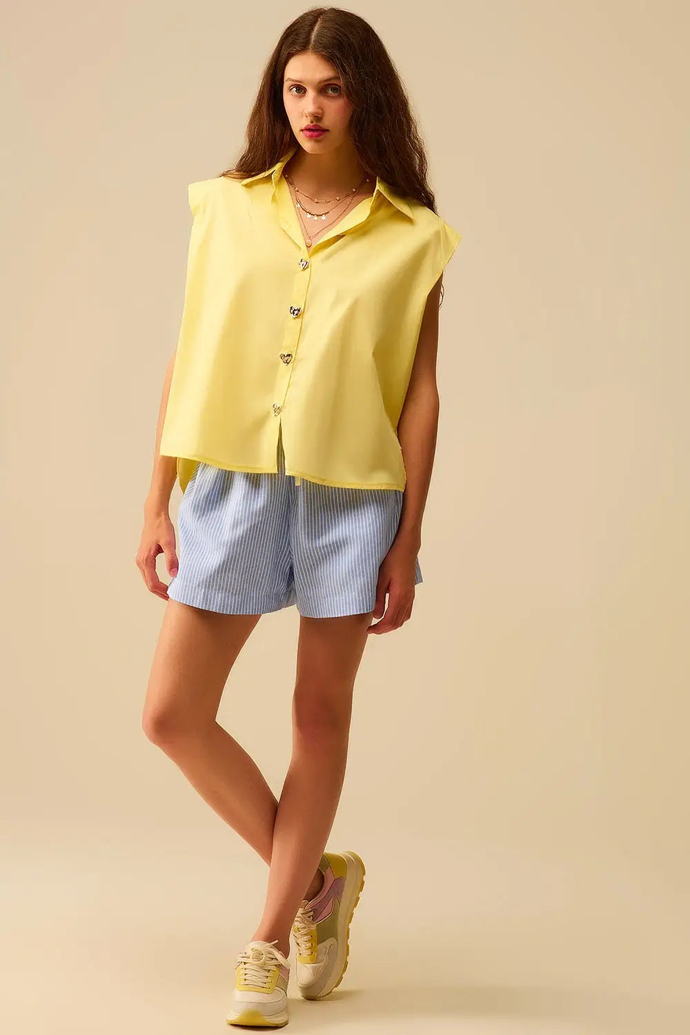 Yellow Sleeveless Blouse with Heart-shaped Buttons - Shirts
