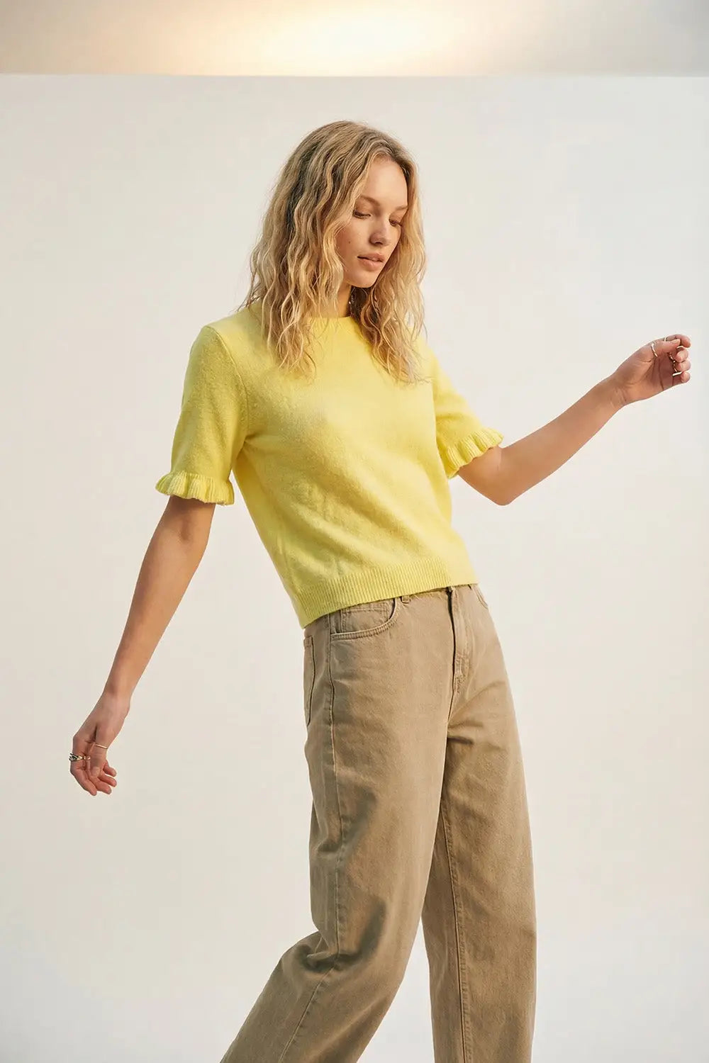 Yellow Soft fluffy Knit sweater with Ruffled Sleeve Detail - One Size / Yellow - Sweaters