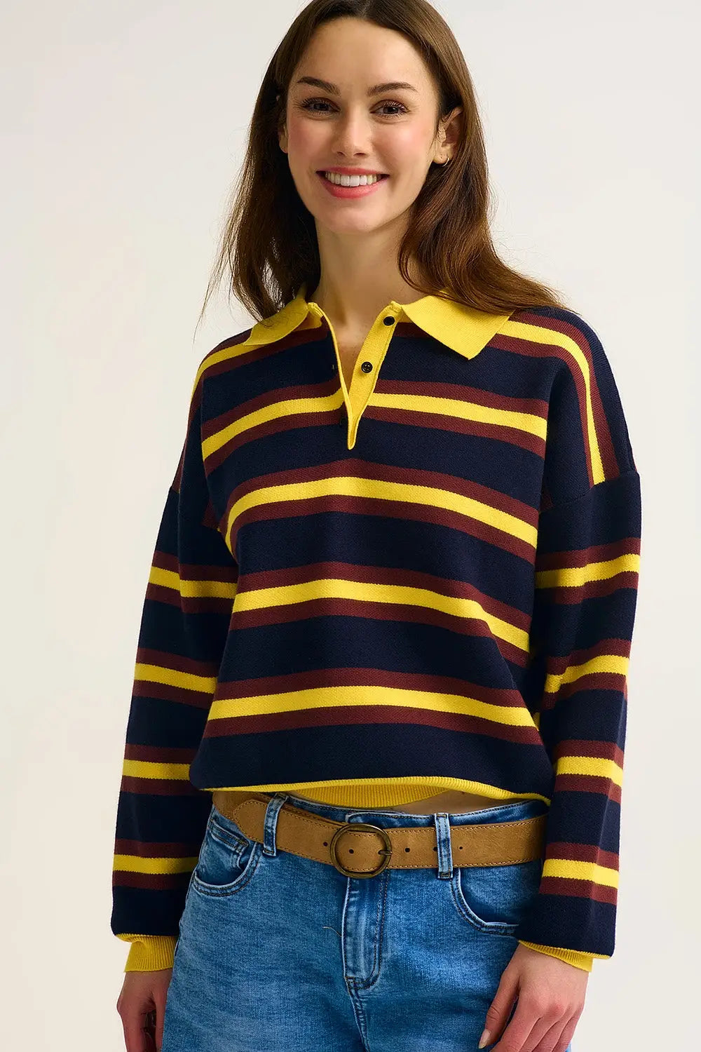 Q2 Yellow Striped Knit Polo Sweater with Relaxed Fit