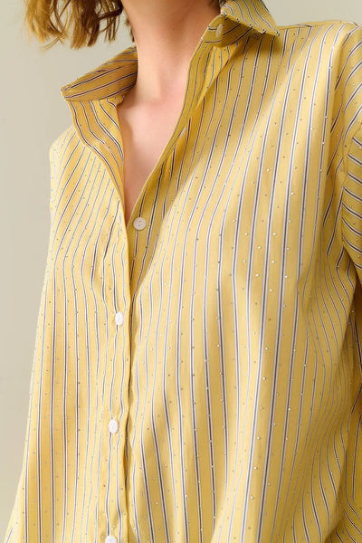 yellow striped poplin shirt embellished with strass - Shirts