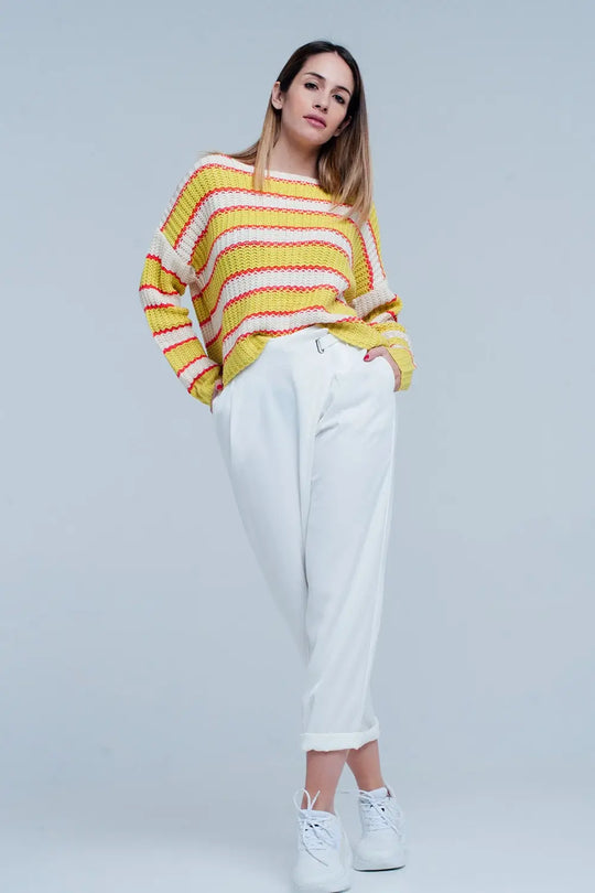 Yellow Striped Rib Stitch Knitted Sweater - Sweaters