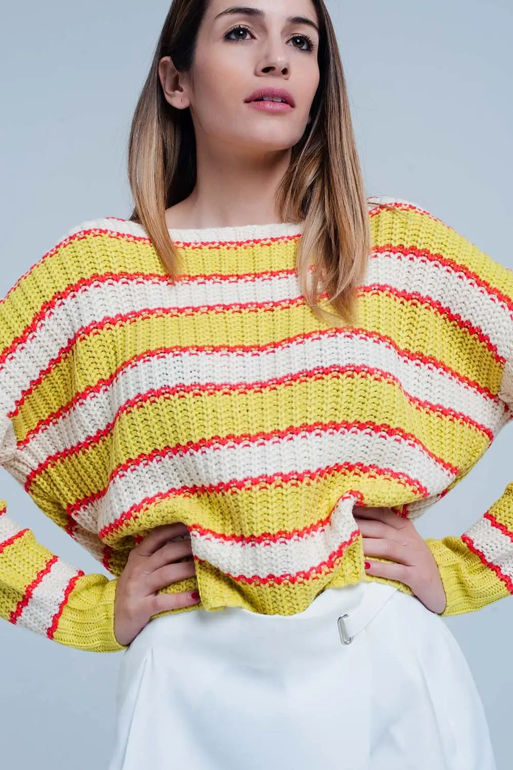 Yellow Striped Rib Stitch Knitted Sweater - Sweaters