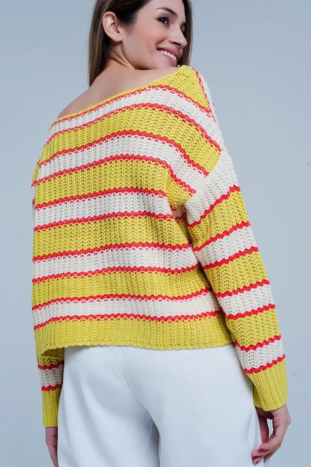 Yellow Striped Rib Stitch Knitted Sweater - Sweaters