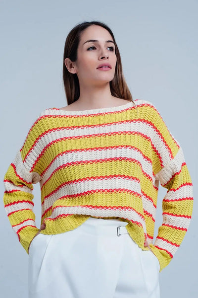 Q2 Yellow Striped Rib Stitch Knitted Sweater