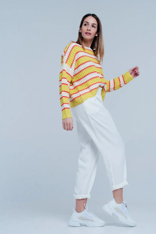 Yellow Striped Rib Stitch Knitted Sweater - Sweaters