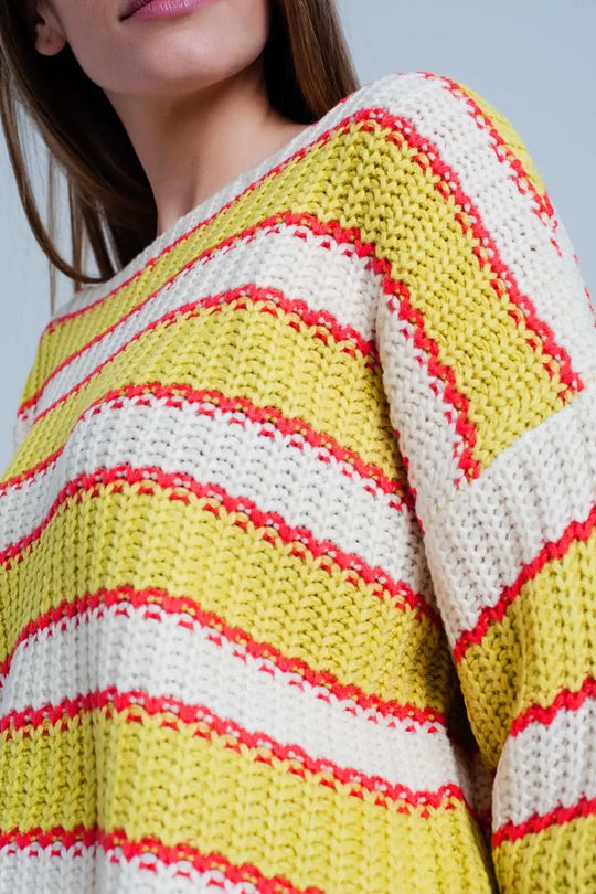 Yellow Striped Rib Stitch Knitted Sweater - Sweaters