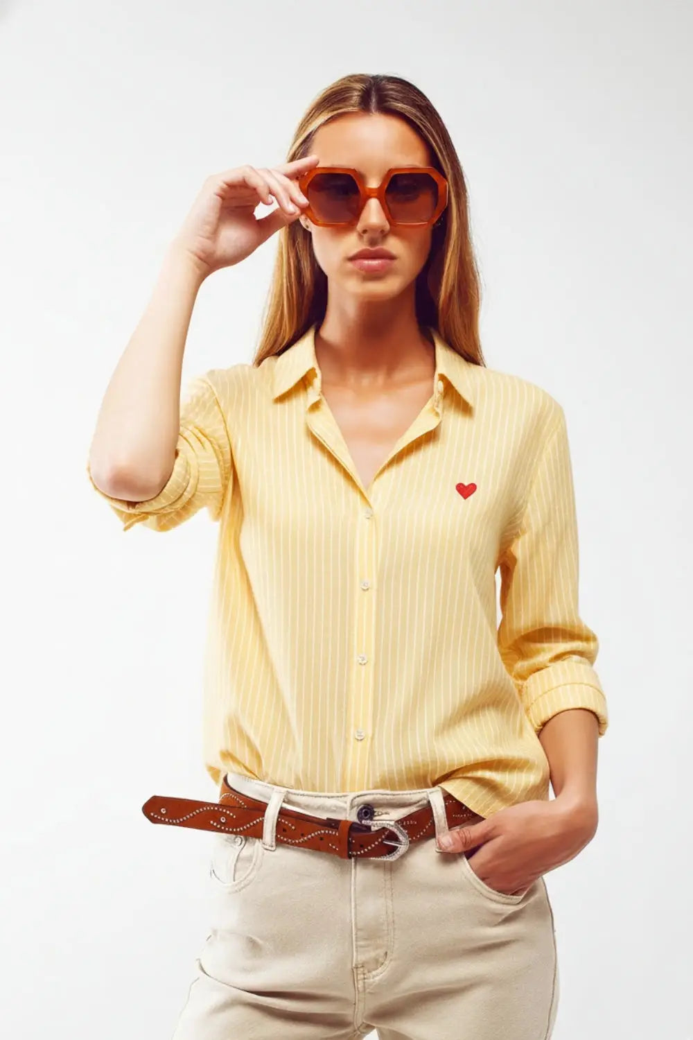 Q2 Yellow Striped shirt with red heart embroidery