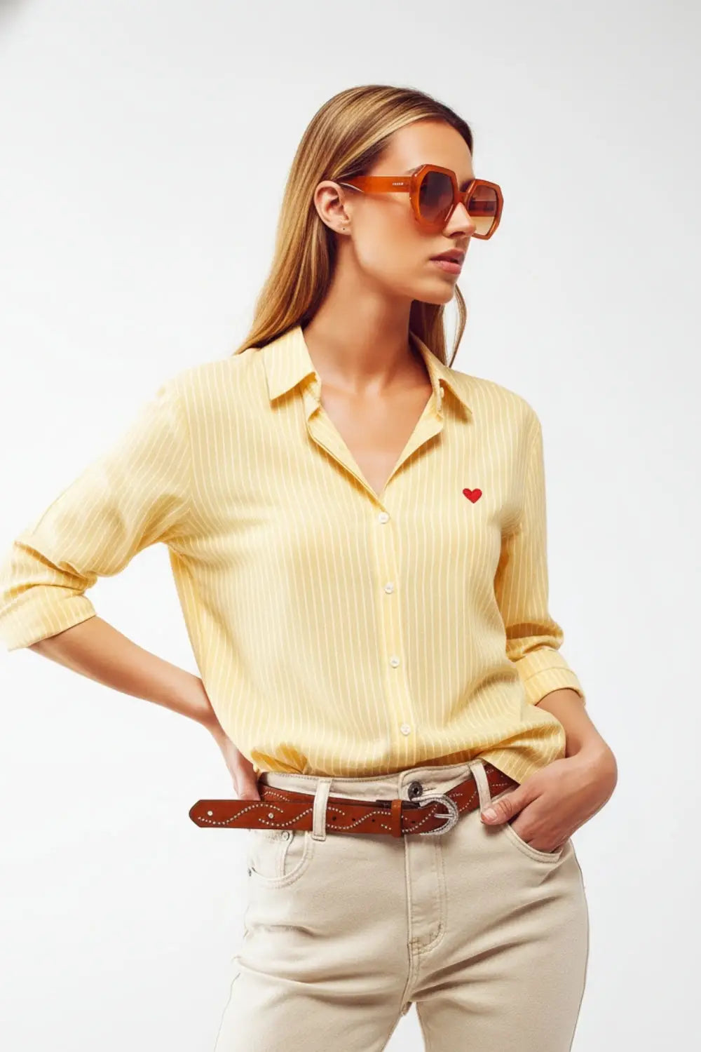Yellow Striped shirt with red heart embroidery - Shirts