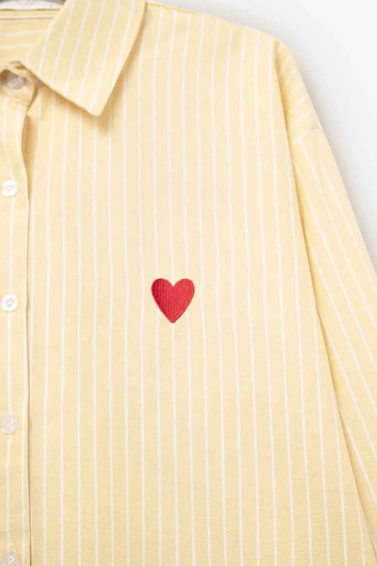 Yellow Striped shirt with red heart embroidery - Shirts