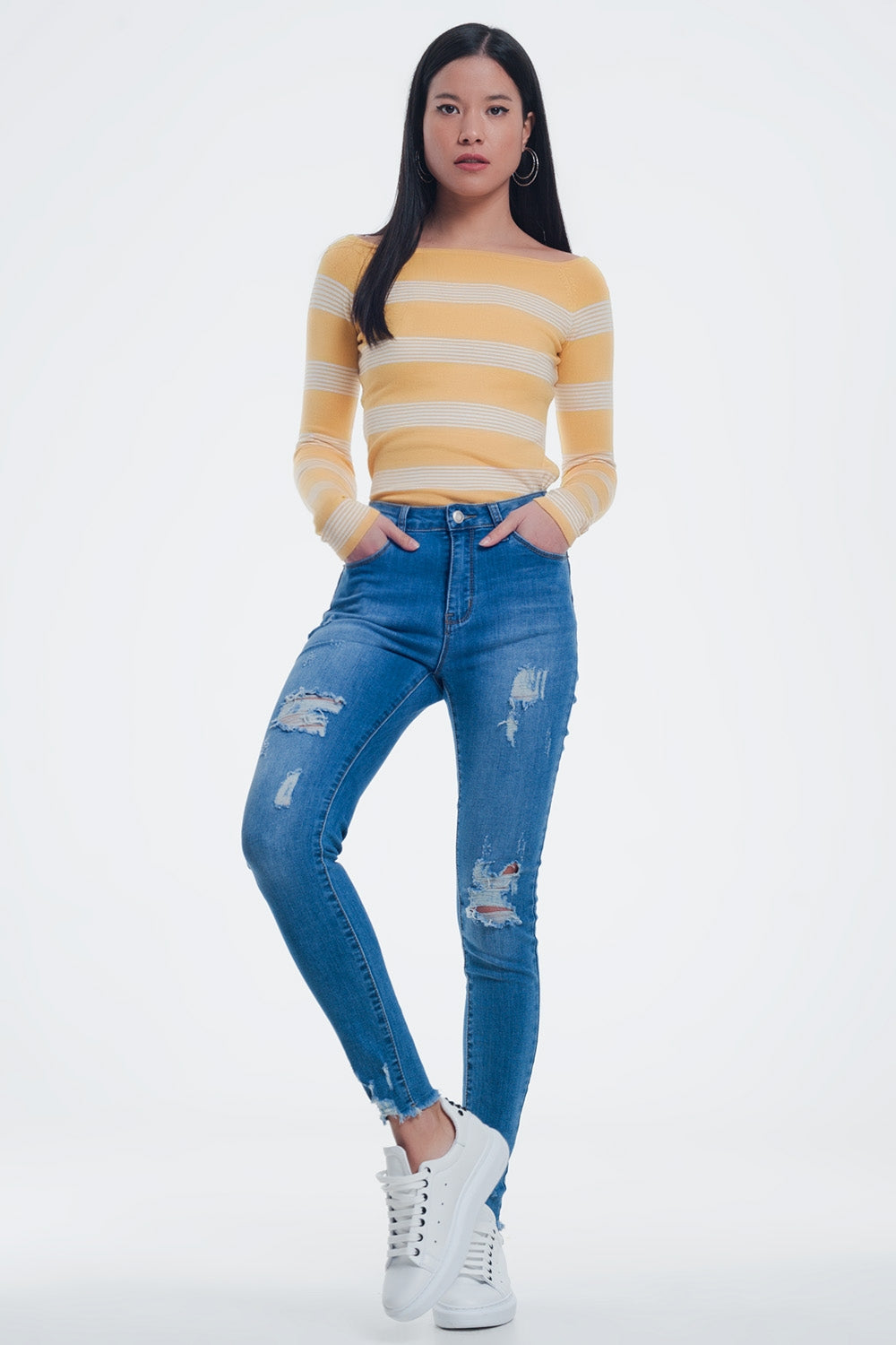 yellow striped sweater with boat neck