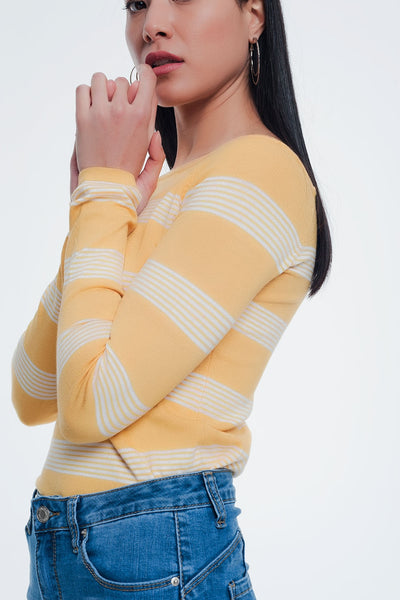 yellow striped sweater with boat neck