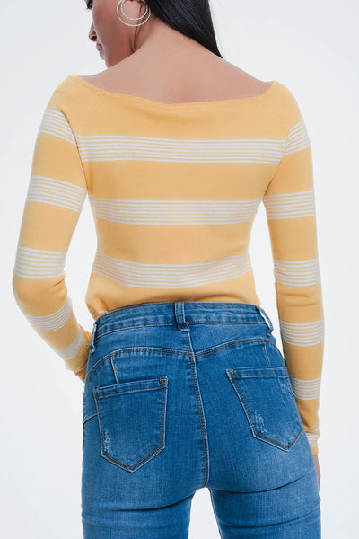 yellow striped sweater with boat neck