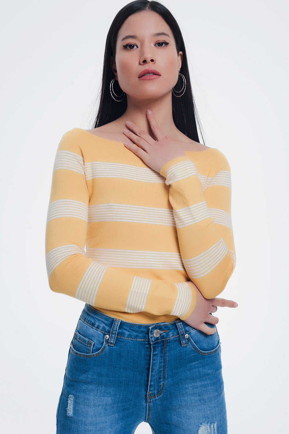 yellow striped sweater with boat neck