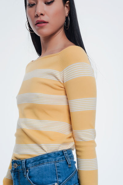 yellow striped sweater with boat neck