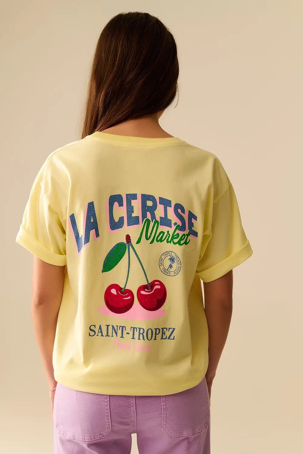 Yellow T-shirt with La Cerise Market Saint-Tropez graphic - One Size / Yellow - Tops