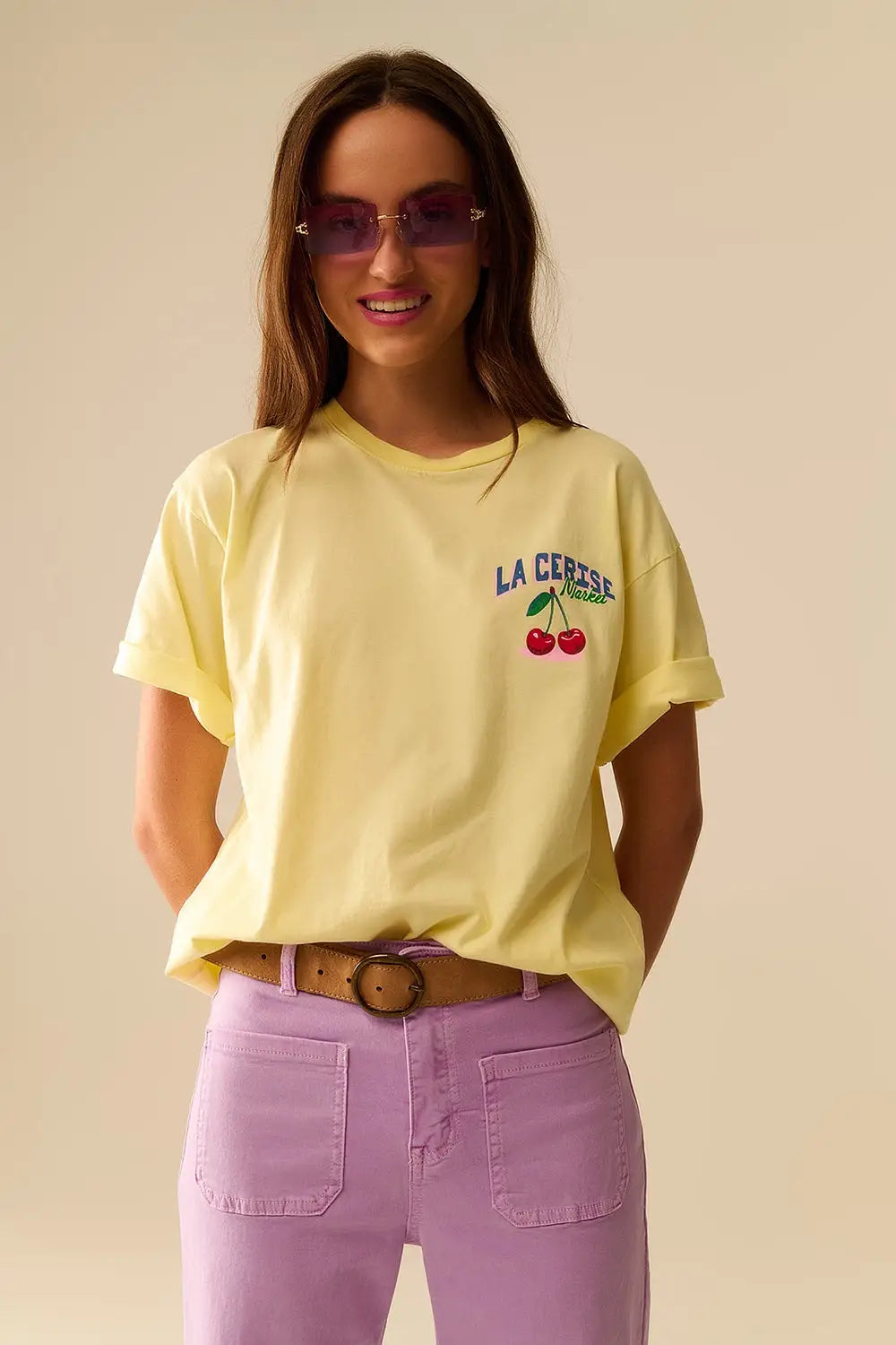 Yellow T-shirt with La Cerise Market Saint-Tropez graphic - One Size / Yellow - Tops