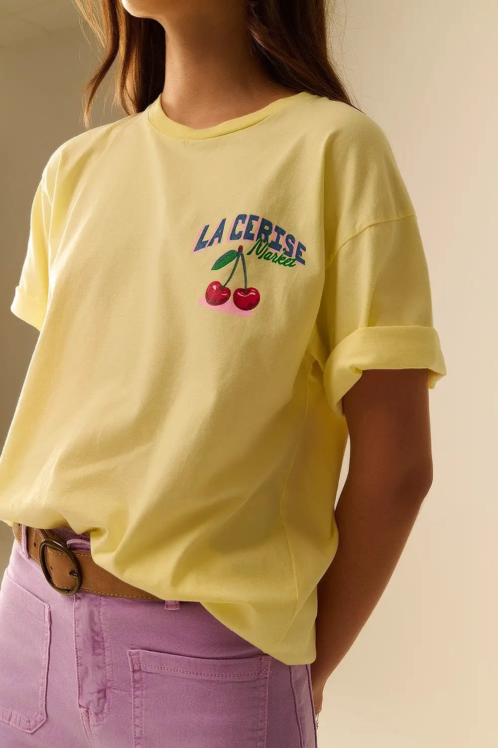 Yellow T-shirt with La Cerise Market Saint-Tropez graphic - One Size / Yellow - Tops