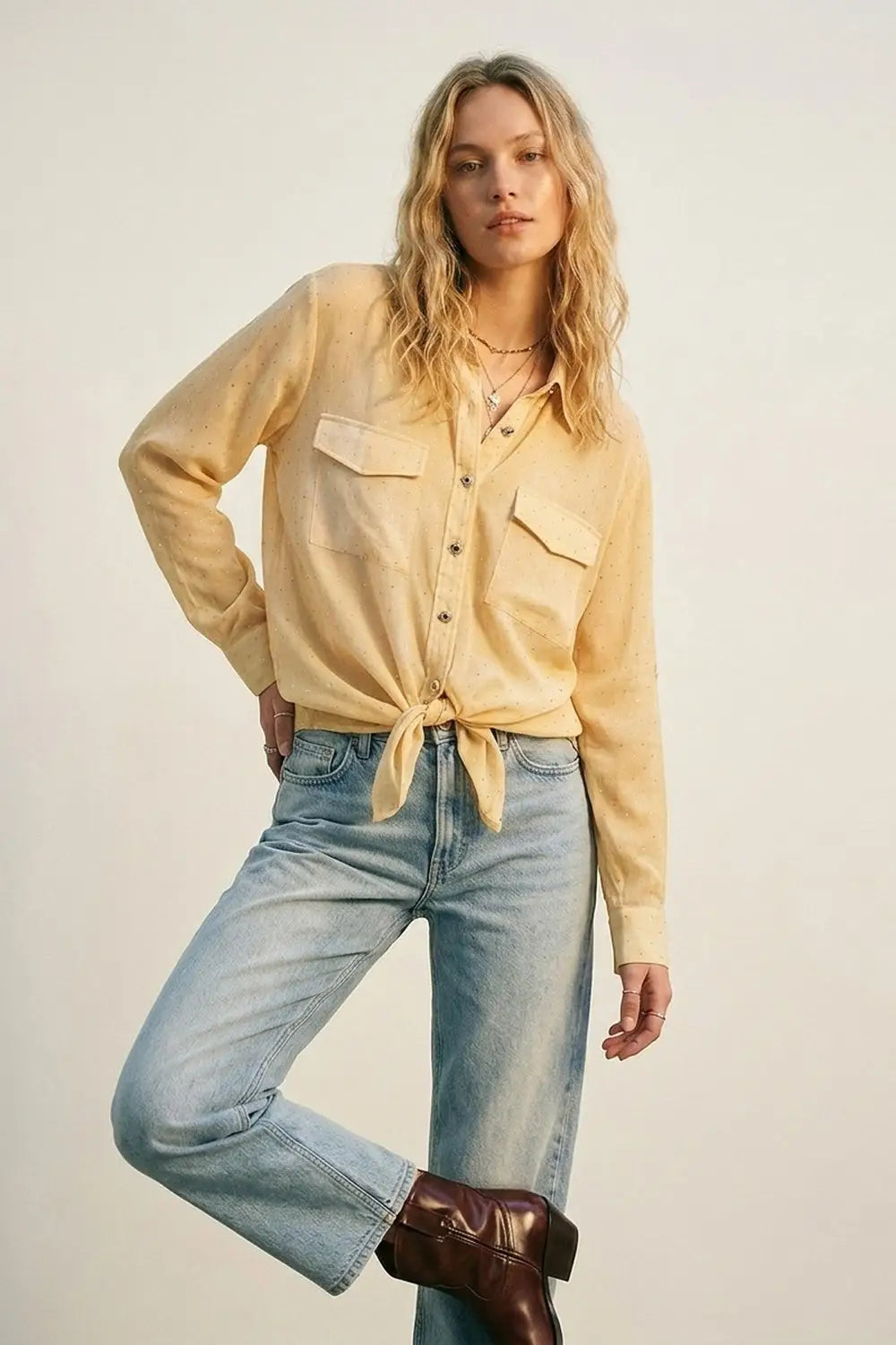 Q2 Yellow tie dye Shirt in chiffon with strass details