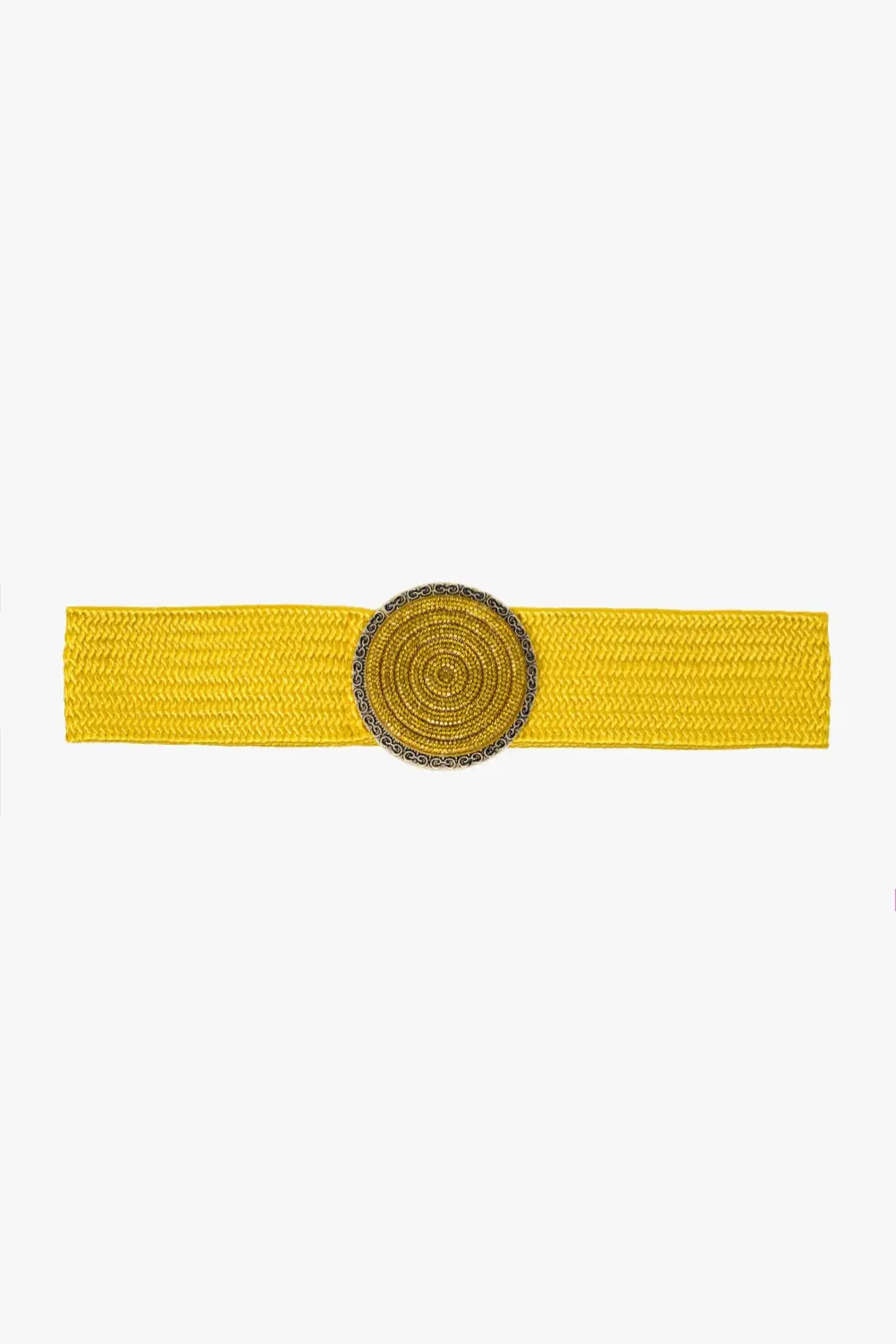 Q2 Yellow woven belt with round buckle with rhinestones