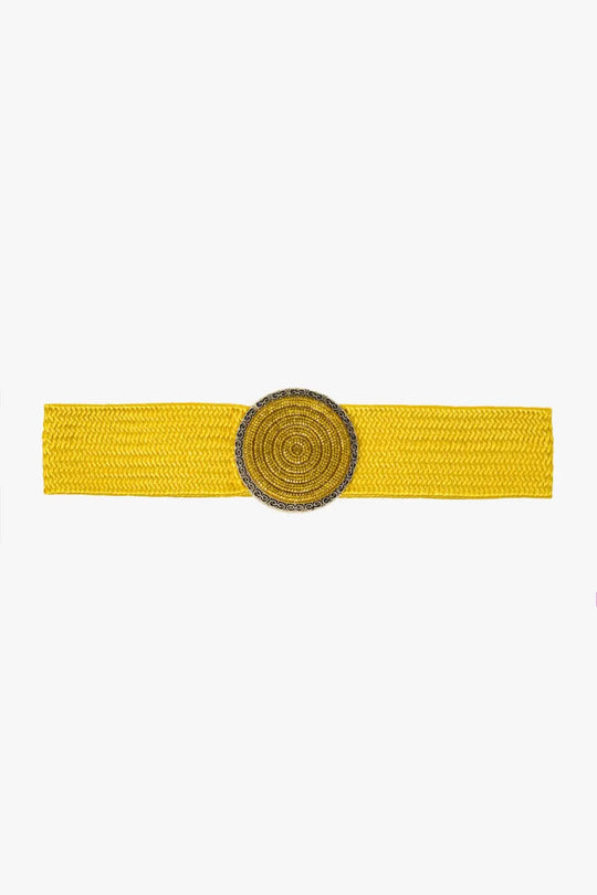 Q2 Yellow woven belt with round buckle with rhinestones