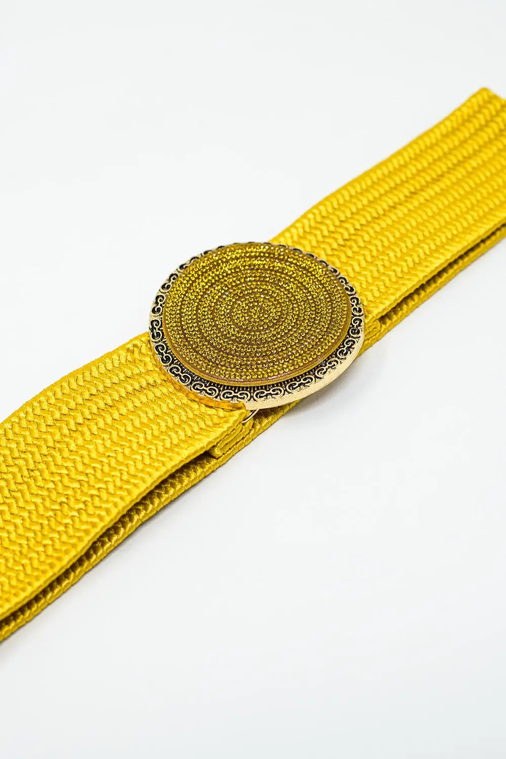 Yellow woven belt with round buckle with rhinestones - One Size / Yellow - Accesory