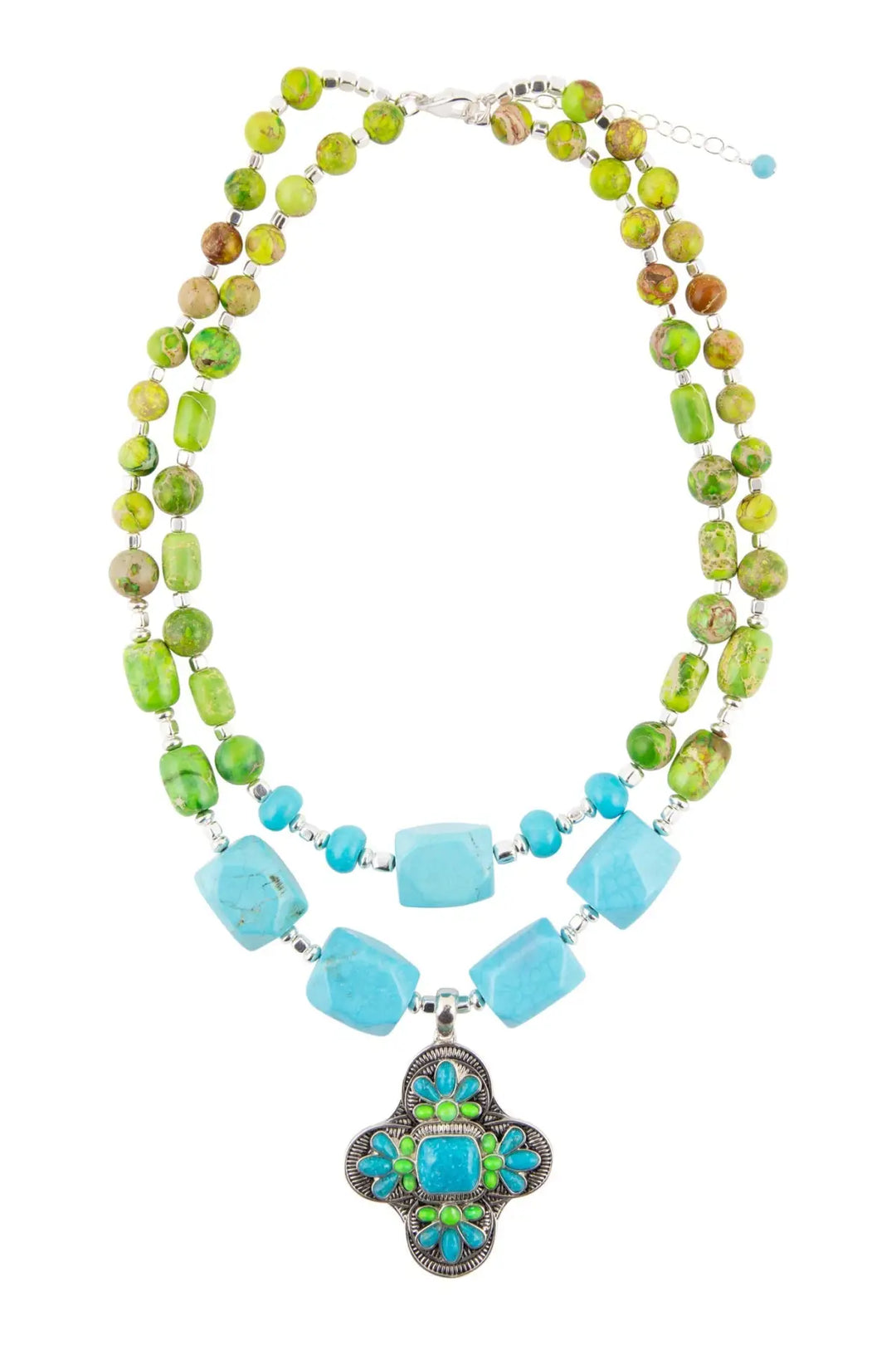 Zion Lime Green and Blue Turquoise and Sterling Silver Statement Necklace - Necklaces